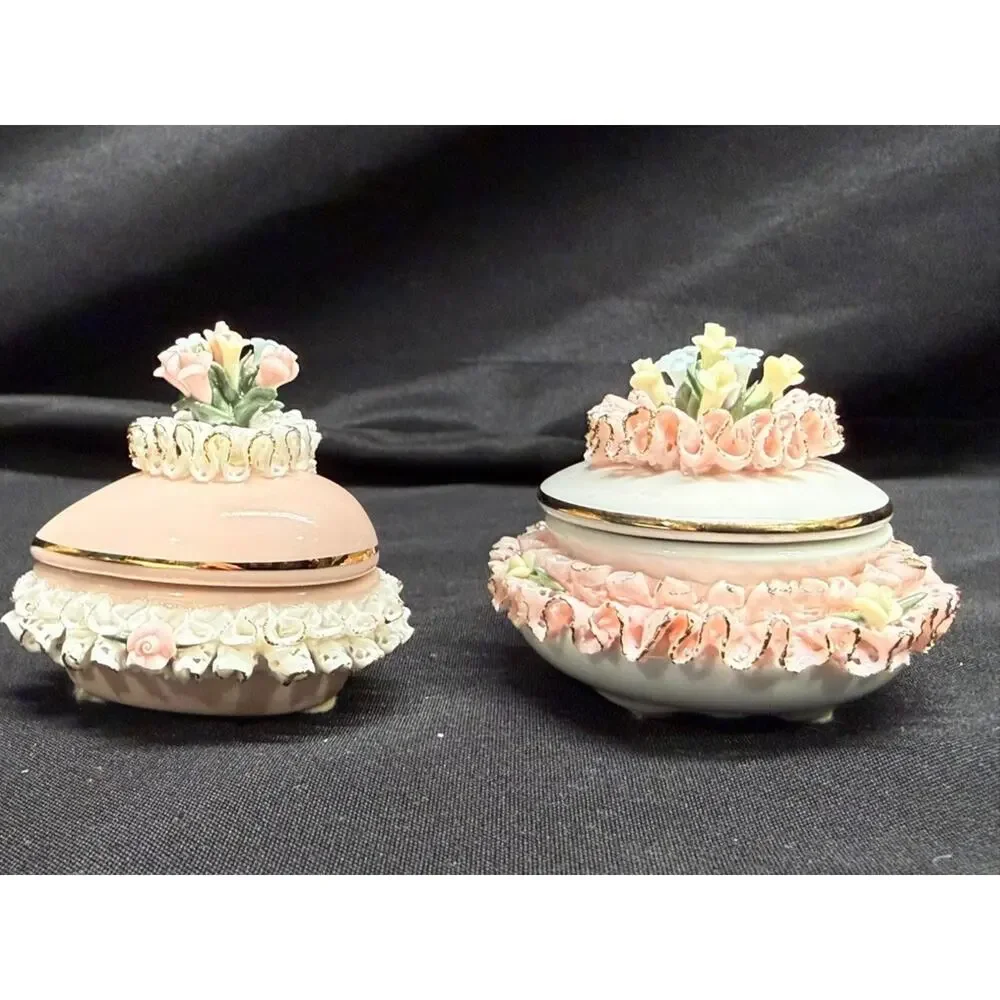 Set of 2 capodimonte porcelain trinket/jewelry boxes pink flowers heart Italy